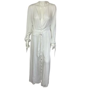 NEW Elan White Deep V-Neckline Tie Waist Long Sleeve Crepe Cover Up Maxi Dress L